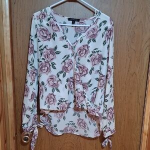 Floral Wrap Blouse with Tie Sleeves